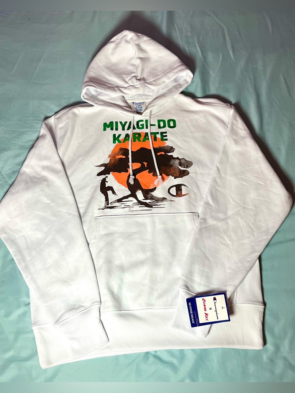 NWT Champion Reverse Weave Cobra Kai Miyagi-Do Karate Hoodie White Large